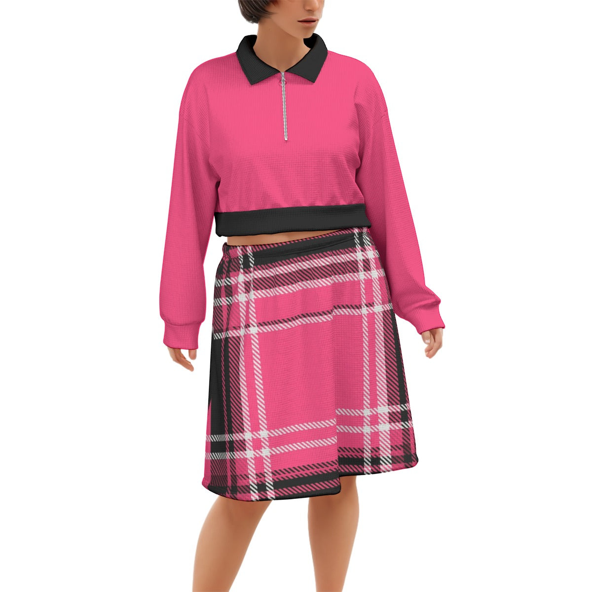 Two Piece Set Pink Rebel Plaid Skirt Crop Top | Tengura Store