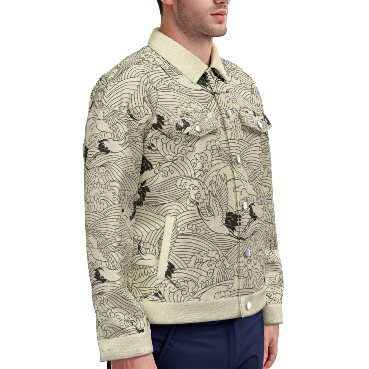 Cranes and Waves Denim Jacket - Japanese Symbol of Longevity | Tengura Store