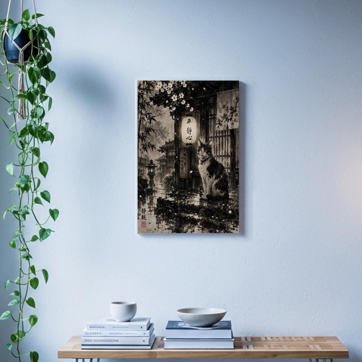 Japanese Canvas Wall Art | Cat Guardian at Night | Japanese Sumi-e Painting White | Tengura Store