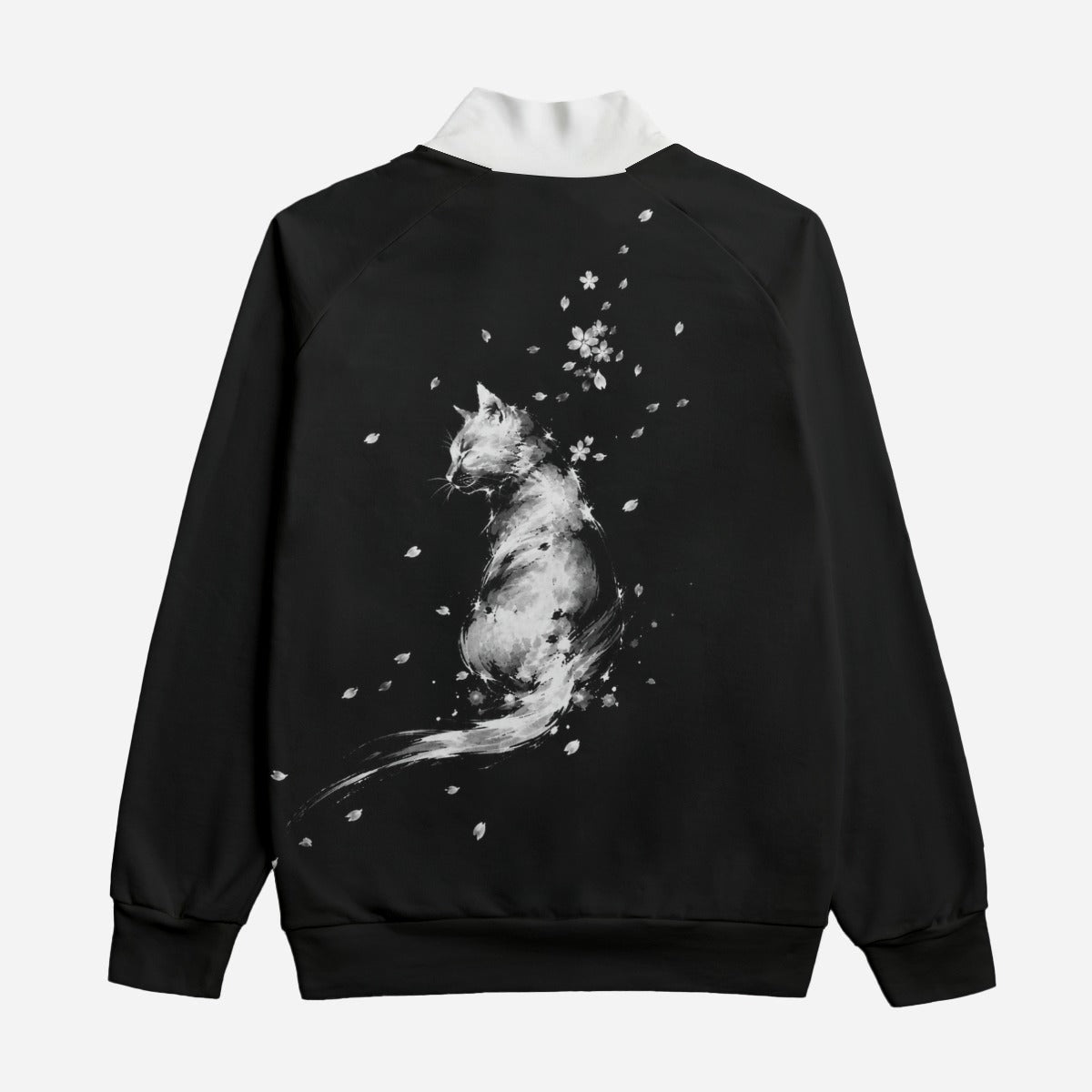 Japanese Sumi-e Art Bomber Jacket | Cat and Sakura Black | Cotton 310gsm | Tengura Store
