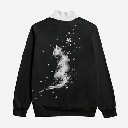 Japanese Sumi-e Art Bomber Jacket | Cat and Sakura Black | Cotton 310gsm | Tengura Store