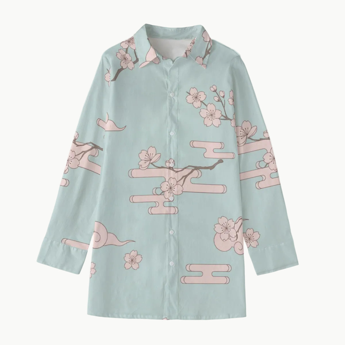 Blusa Blue Sakura com botões – padrão de flor de cerejeira japonesa | Tengura Store