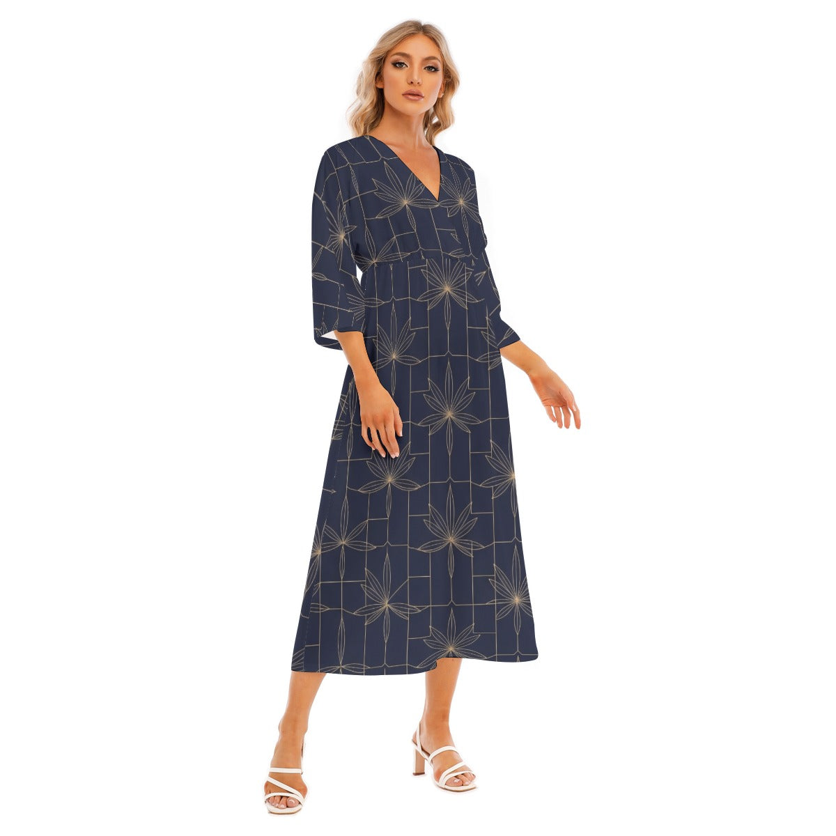 Japanese Maxi Dress Midnight Blossoms Navy Geometric Pattern | Tengura Store