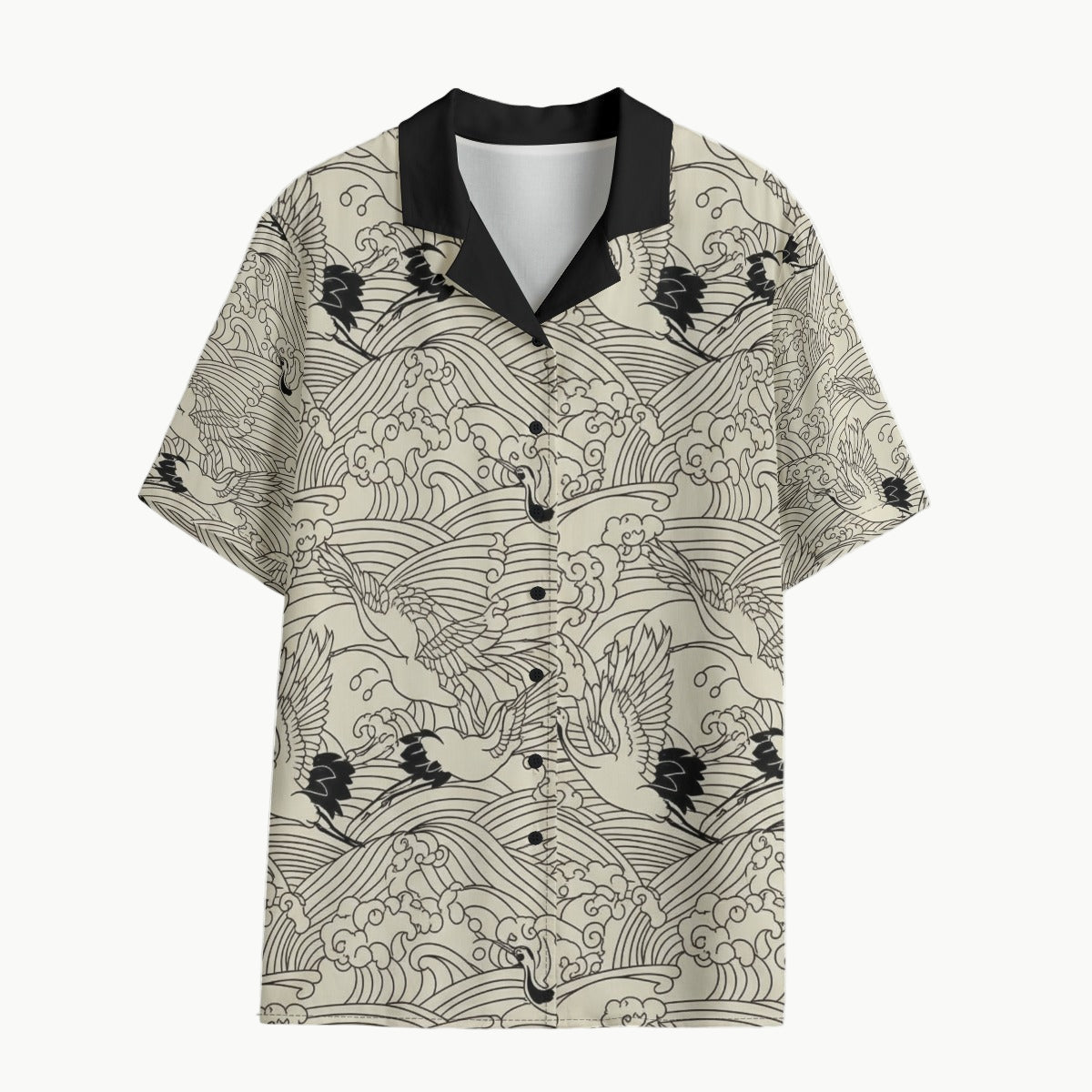 Japanese Waves and Crane Hawaii-Style Shirt Traditional Ukiyoe Design | Tengura Store