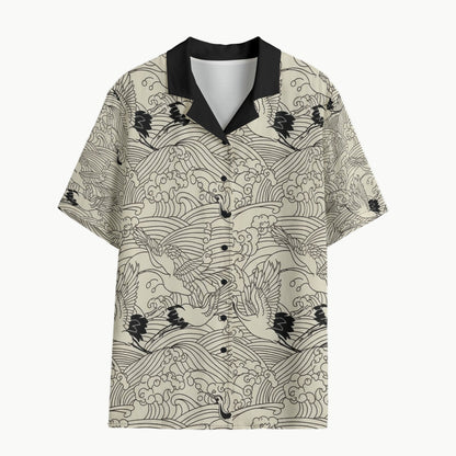 Japanese Waves and Crane Hawaii-Style Shirt Traditional Ukiyoe Design | Tengura Store