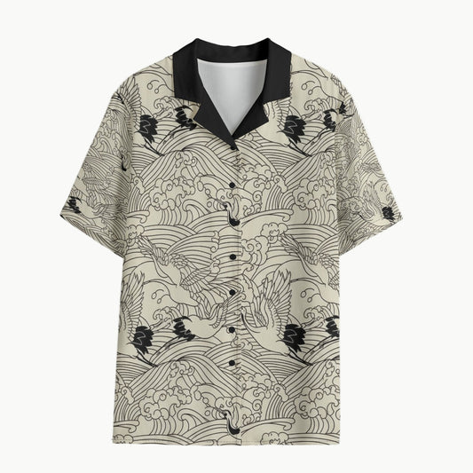 Japanese Waves and Crane Hawaii-Style Shirt Traditional Ukiyoe Design | Tengura Store