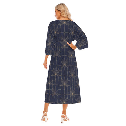 Japanese Maxi Dress Midnight Blossoms Navy Geometric Pattern | Tengura Store