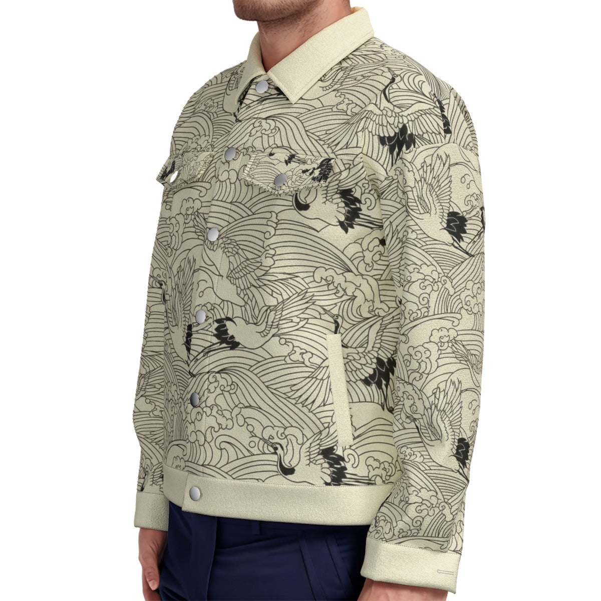 Cranes and Waves Denim Jacket - Japanese Symbol of Longevity | Tengura Store
