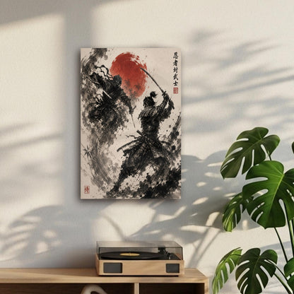 Ninja vs Samurai Duel Sumi-e Canvas Print | Tengura Store