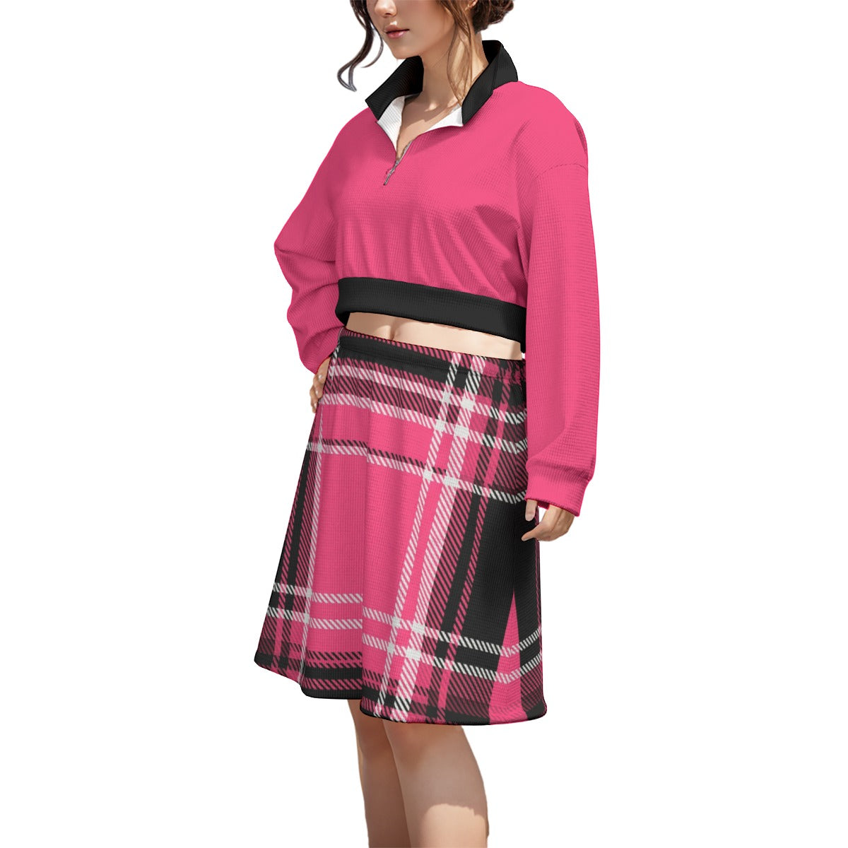 Two Piece Set Pink Rebel Plaid Skirt Crop Top | Tengura Store