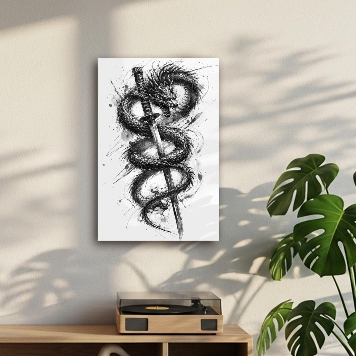 Dragon & Katana Sumi-e Canvas Print | Tengura Store