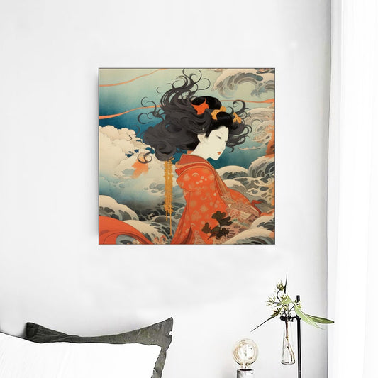 Japanese Kimono Woman Ocean Wind Art Canvas