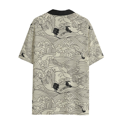 Japanese Waves and Crane Hawaii-Style Shirt Traditional Ukiyoe Design | Tengura Store