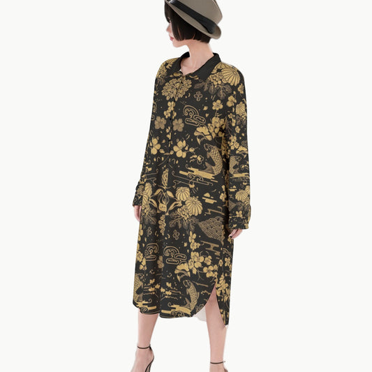 Black Midi Dress with Golden Japanese Floral Pattern | Tengura Store