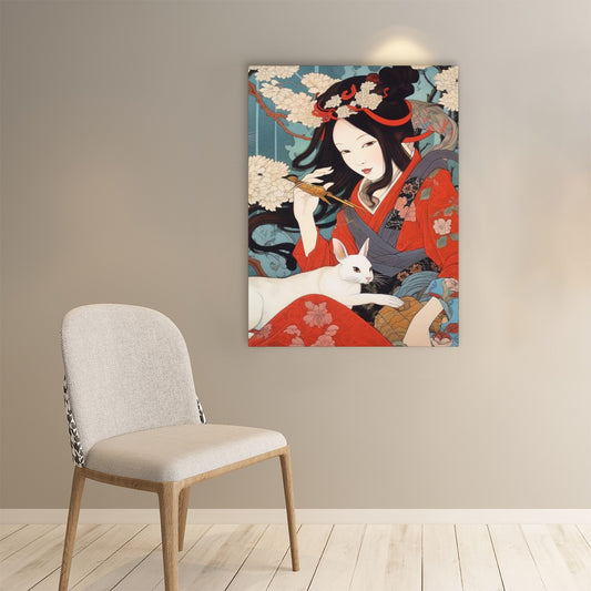 Japanese Kimono Woman Cat Art Poster