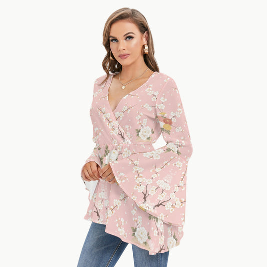 Pink Cherry Blossom Wrap Top with Bell Sleeves | Tengura Store