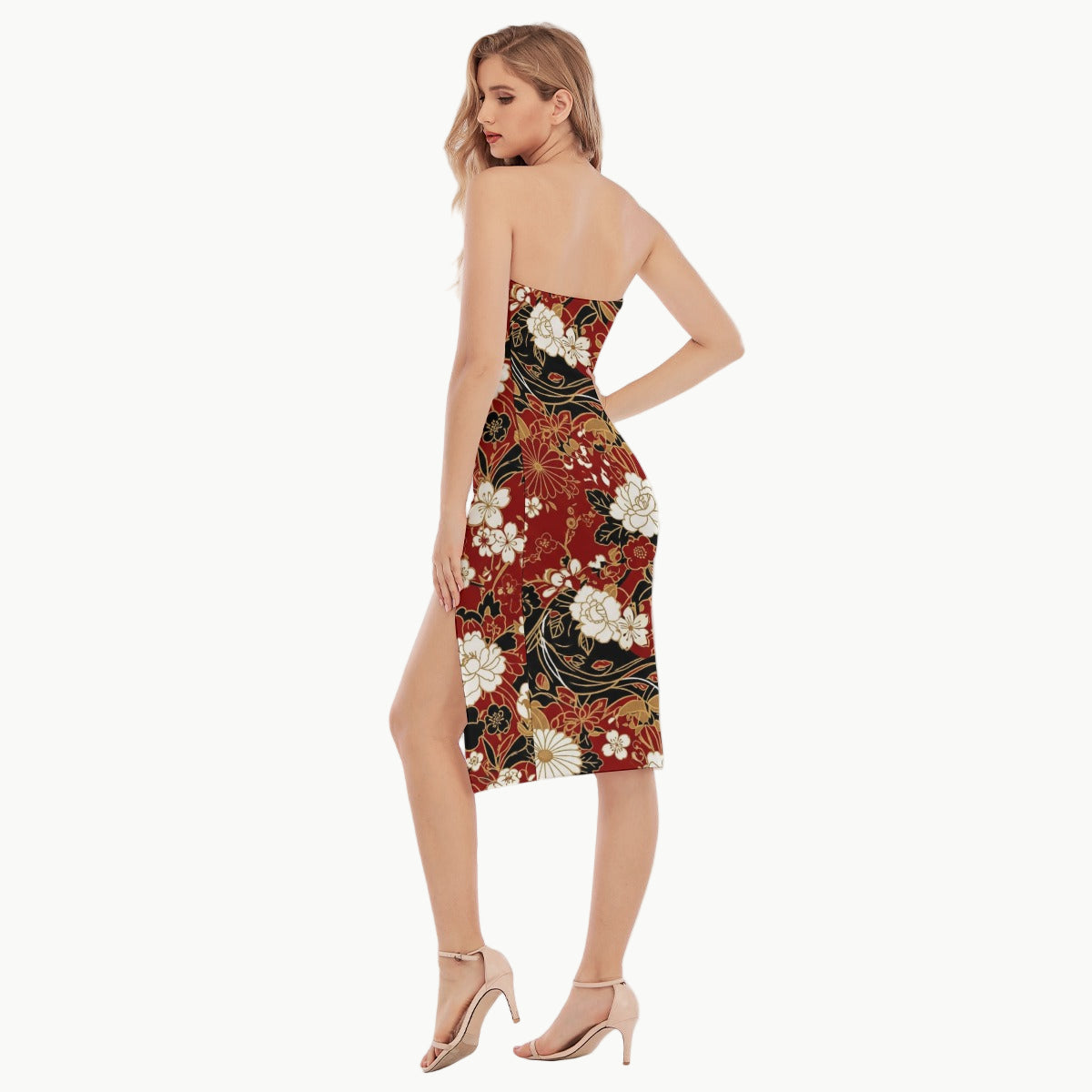 Red Strapless Midi Dress with Oriental Floral Print | Tengura Store