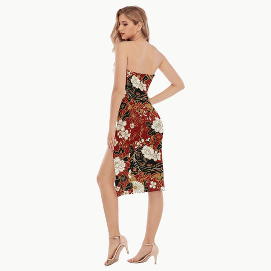 Red Strapless Midi Dress with Oriental Floral Print | Tengura Store