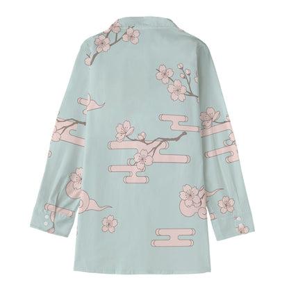 Blusa Blue Sakura com botões – estampado de flor de cerejeira japonesa | Tengura Store