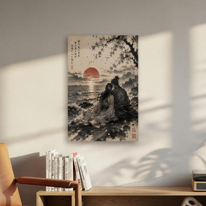 Japanese Canvas Wall Art | A pair of lovers watching the sunset over the sea | Japan Sumie Art | Tengura Store