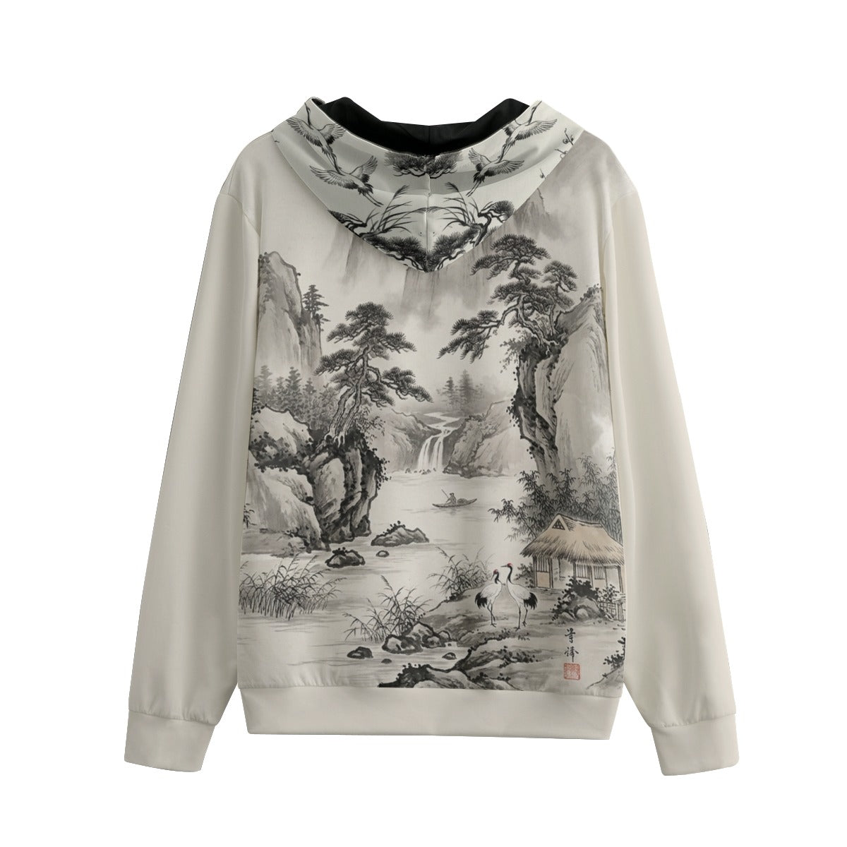 Japanese Artistic All-Over Print Zip-Up Hoodie | Sumi-e Mountain Village | 310 gsm Cotton | Tengura Store