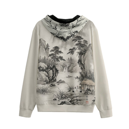 Japanese Artistic All-Over Print Zip-Up Hoodie | Sumi-e Mountain Village | 310 gsm Cotton | Tengura Store