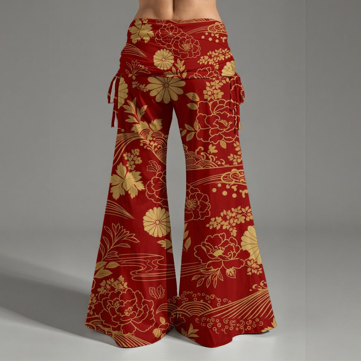 Crimson Kimono Pants - Japanese Peony and Wave Pattern | Tengura Store