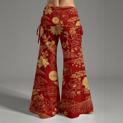 Crimson Kimono Pants - Japanese Peony and Wave Pattern | Tengura Store