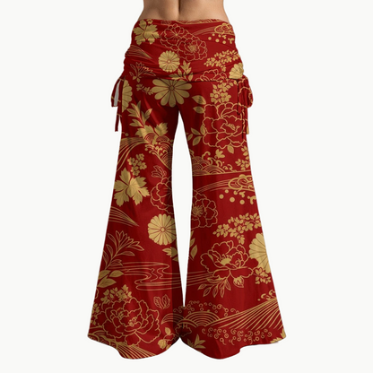 Crimson Kimono Pants - Japanese Peony and Wave Pattern | Tengura Store