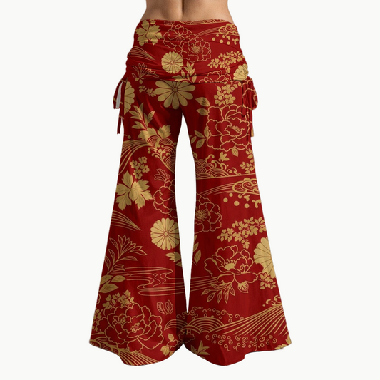 Crimson Kimono Pants - Japanese Peony and Wave Pattern | Tengura Store