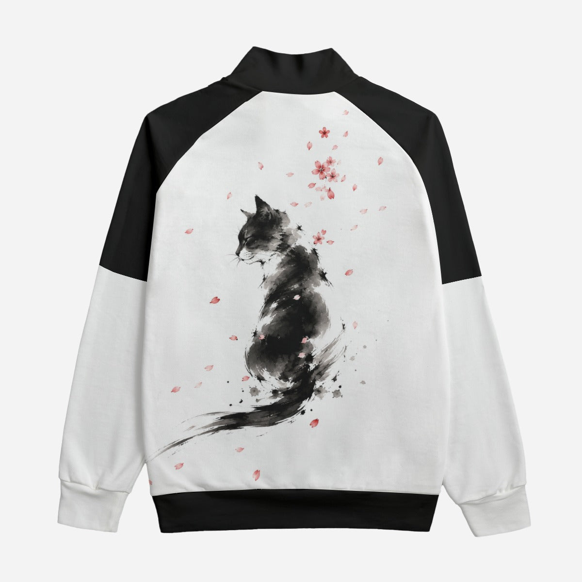 Japanese Sumi-e Art Bomber Jacket | Cat and Sakura White| Cotton 310gsm | Tengura Store