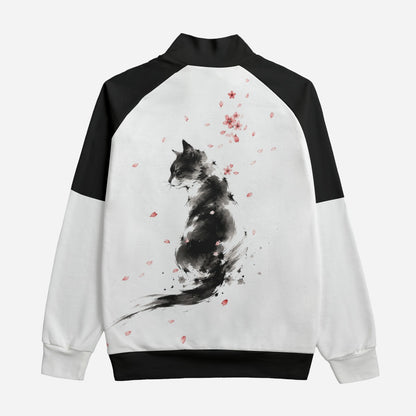 Japanese Sumi-e Art Bomber Jacket | Cat and Sakura White| Cotton 310gsm | Tengura Store