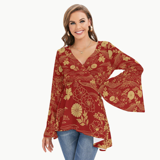 Burgundy Kimono Blouse with Chrysanthemum Pattern | Tengura Store