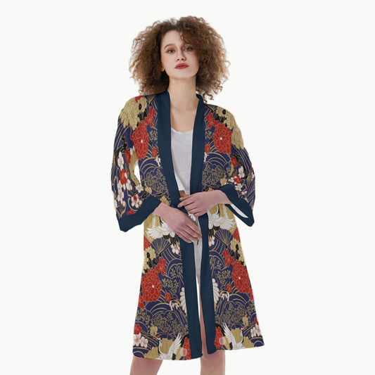 Navy Chrysanthemum Crane Japanese Kimono Robe | Tengura Store
