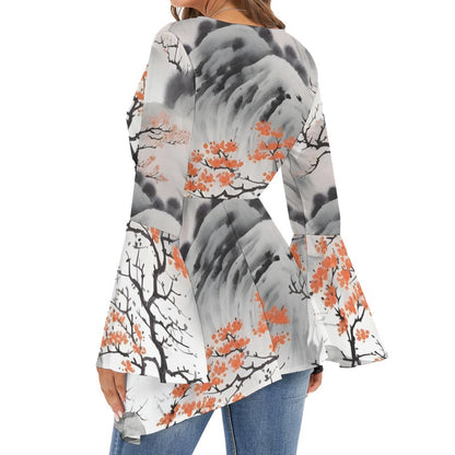Japanese Blossom Wrap Blouse with Bell Sleeves