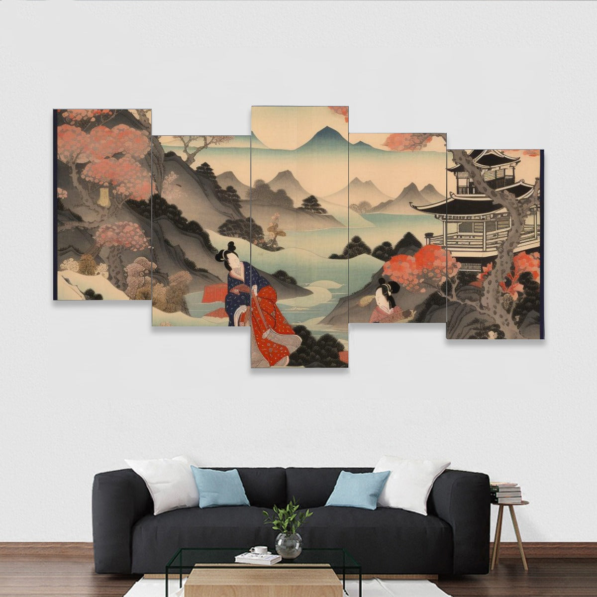 Japanese Mountain Court Scene Multi Panel Canvas Set