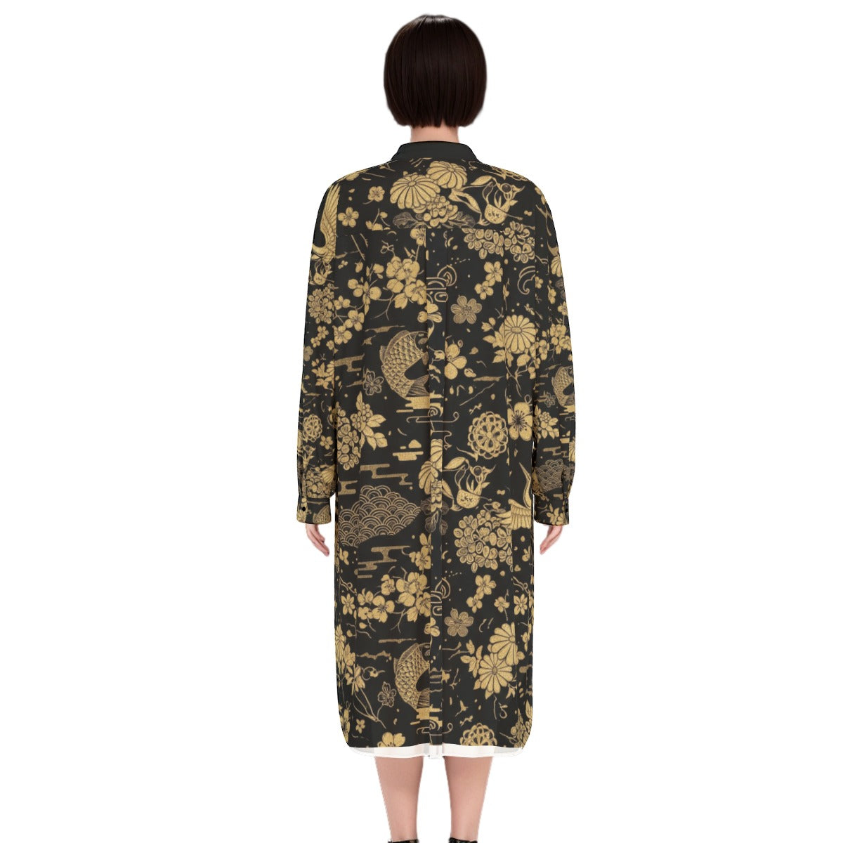 Black Midi Dress with Golden Japanese Floral Pattern | Tengura Store
