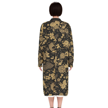 Black Midi Dress with Golden Japanese Floral Pattern | Tengura Store