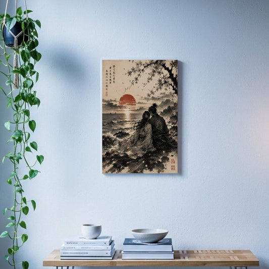 Japanese Canvas Wall Art | A pair of lovers watching the sunset over the sea | Japan Sumie Art White | Tengura Store