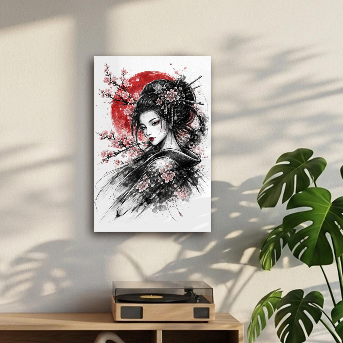 Geisha & Red Sun Sumi-e Canvas Print | Tengura Store