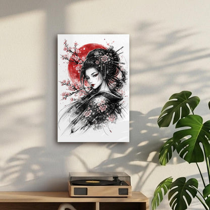 Geisha & Red Sun Sumi-e Canvas Print | Tengura Store