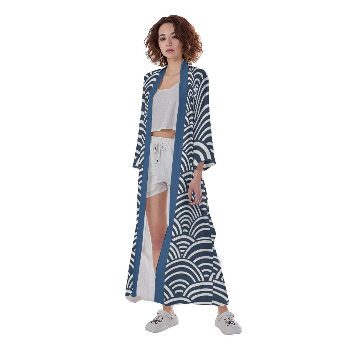 Blue Seigaiha Wave Pattern Long Kimono | Tengura Store