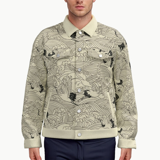 Cranes and Waves Denim Jacket - Japanese Symbol of Longevity | Tengura Store