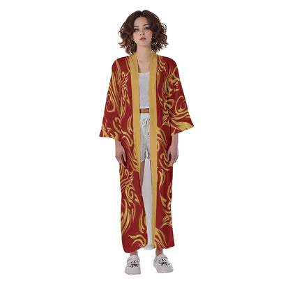 Red Gold Dragon Long Kimono Robe Cardigan | Tengura Store