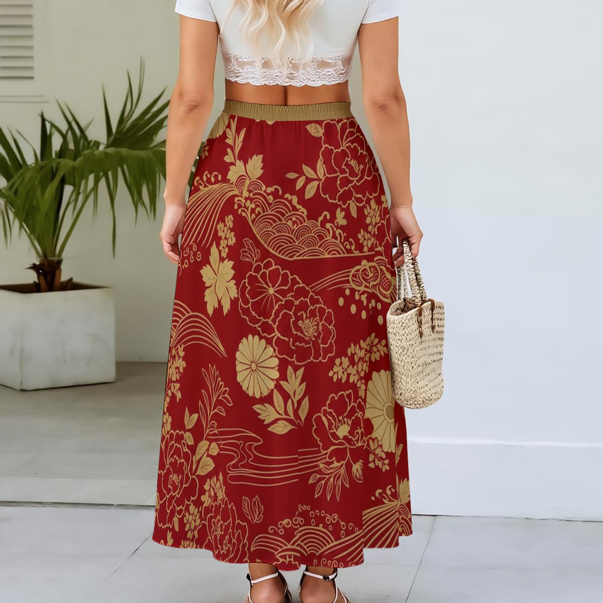 Red Japanese Floral Maxi Skirt Gold Pattern | Tengura Store