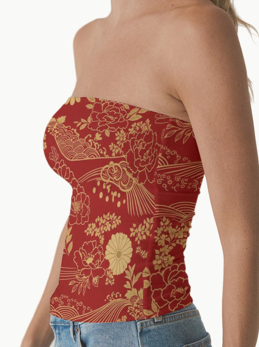 Red Strapless Top with Golden Japanese Floral Design | Tengura Store