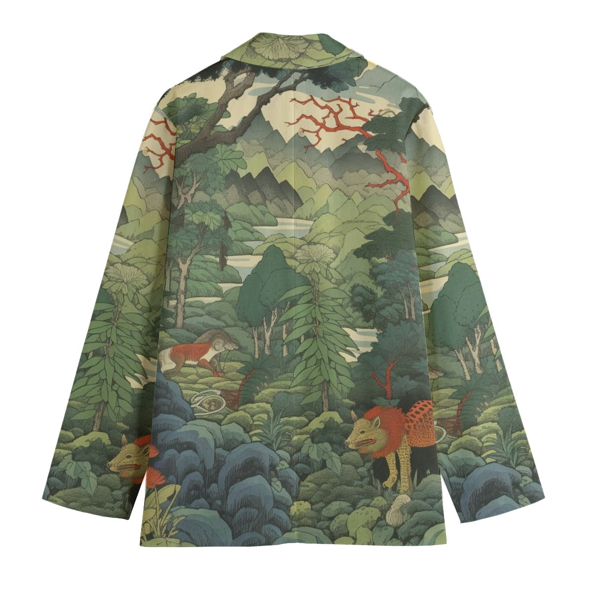 Japanese Women Forest Blazer - Deer & Mountain Landscape Print