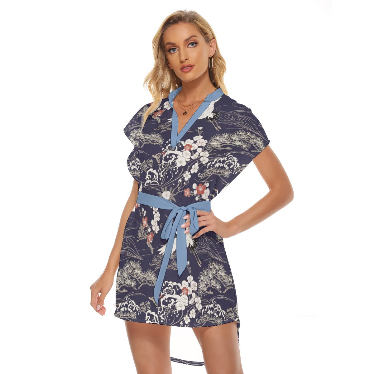 Navy Blue Crane Print Kimono Dress with Belt | Tengura Store