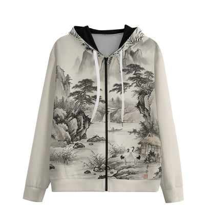 Japanese Artistic All-Over Print Zip-Up Hoodie | Sumi-e Mountain Village | 310 gsm Cotton White | Tengura Store