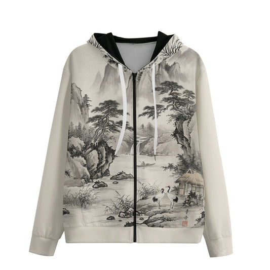 Japanese Artistic All-Over Print Zip-Up Hoodie | Sumi-e Mountain Village | 310 gsm Cotton White | Tengura Store